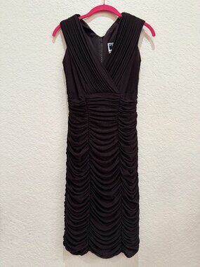 Tadashi Brown Ruched Surplice Bodycon Midi Dress M Sleeveless V Neck